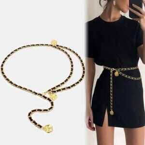 NWT Black and Gold Chain Belt Multilayer w/ Camellia Flower Pendants